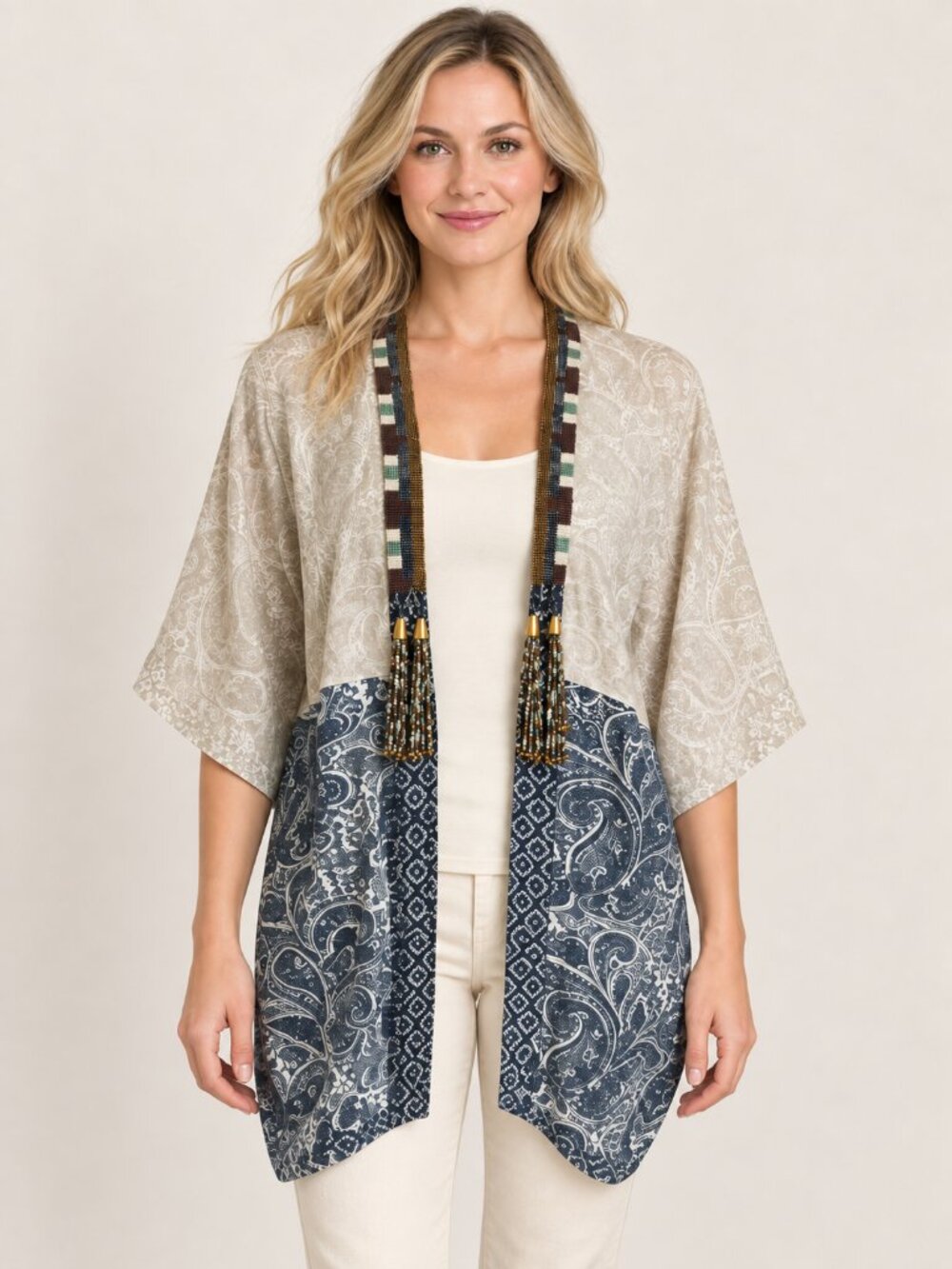 Soft Surroundings Still Waters Linen Beaded Kimono L/XL Blue Paisley Style 2BE96